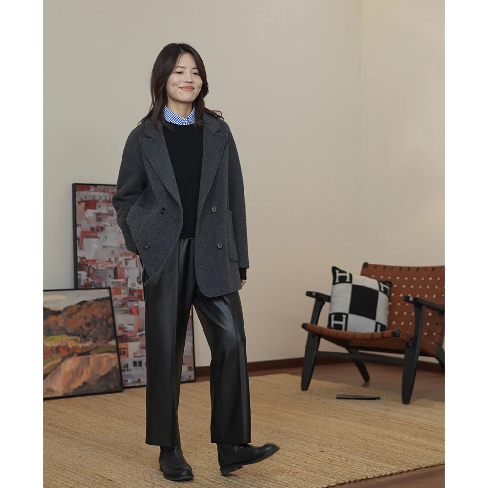 【伦敦时光】100%初剪羊毛双面呢大衣时尚翻领经典羊毛一手长外套