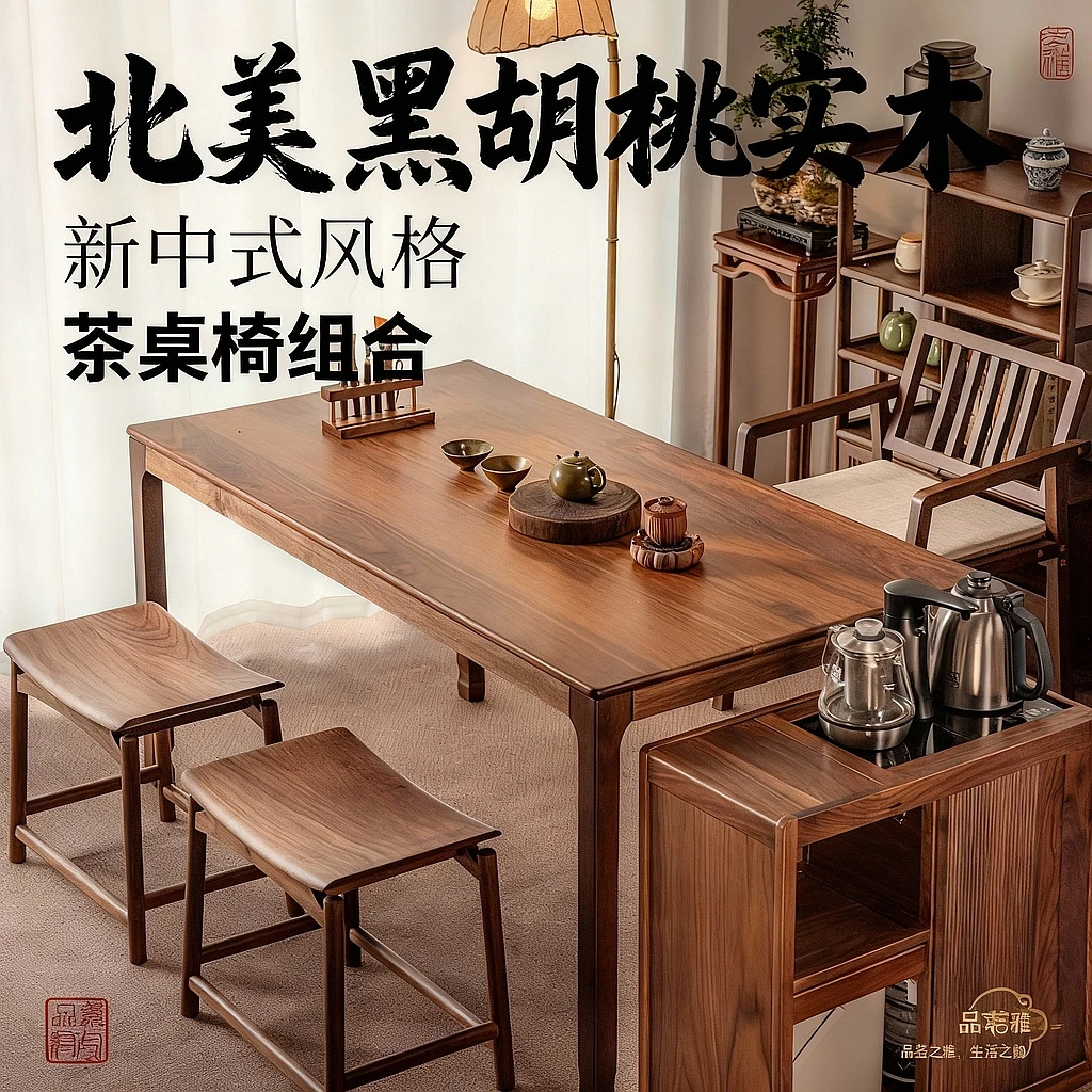 北美黑胡桃木茶桌椅组合新中式阳台茶桌家用客厅小茶台茶室喝茶桌