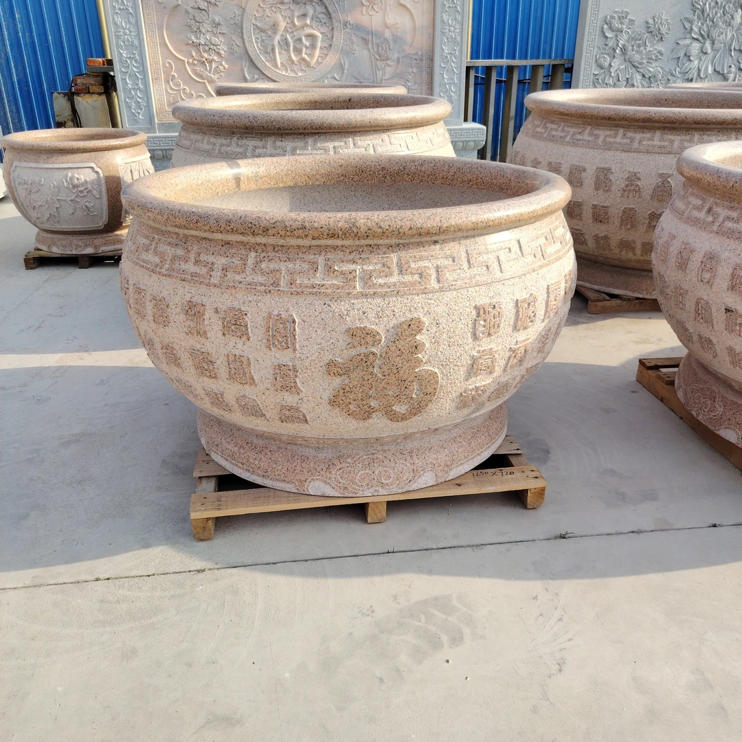 深雕百福虾红花岗岩水缸鱼缸水钵流水石雕装饰摆件