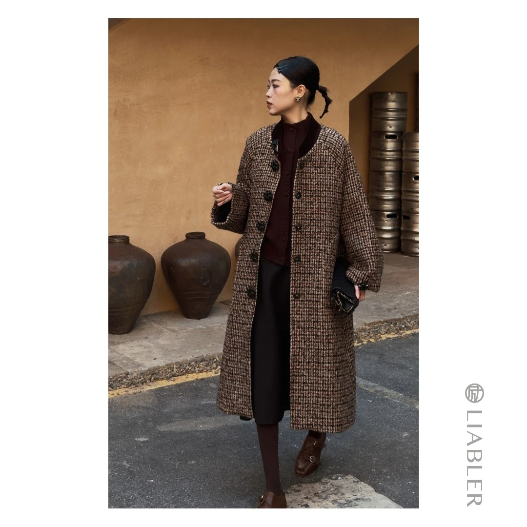 LIABLER D25秋冬绵羊毛羊驼毛小立领插肩长袖毛呢外套 LAW25571S