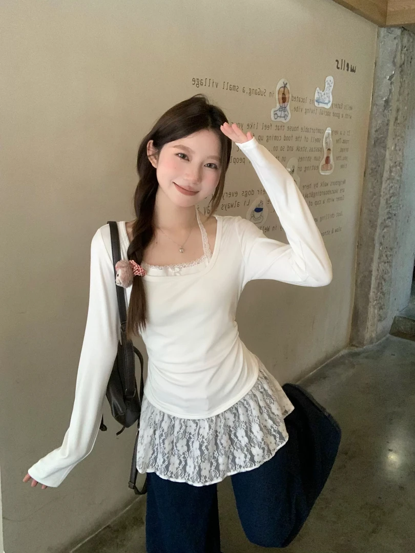 纯欲芭蕾风假两件蕾丝边挂脖长袖T恤女春秋冬内搭打底衫叠穿上衣