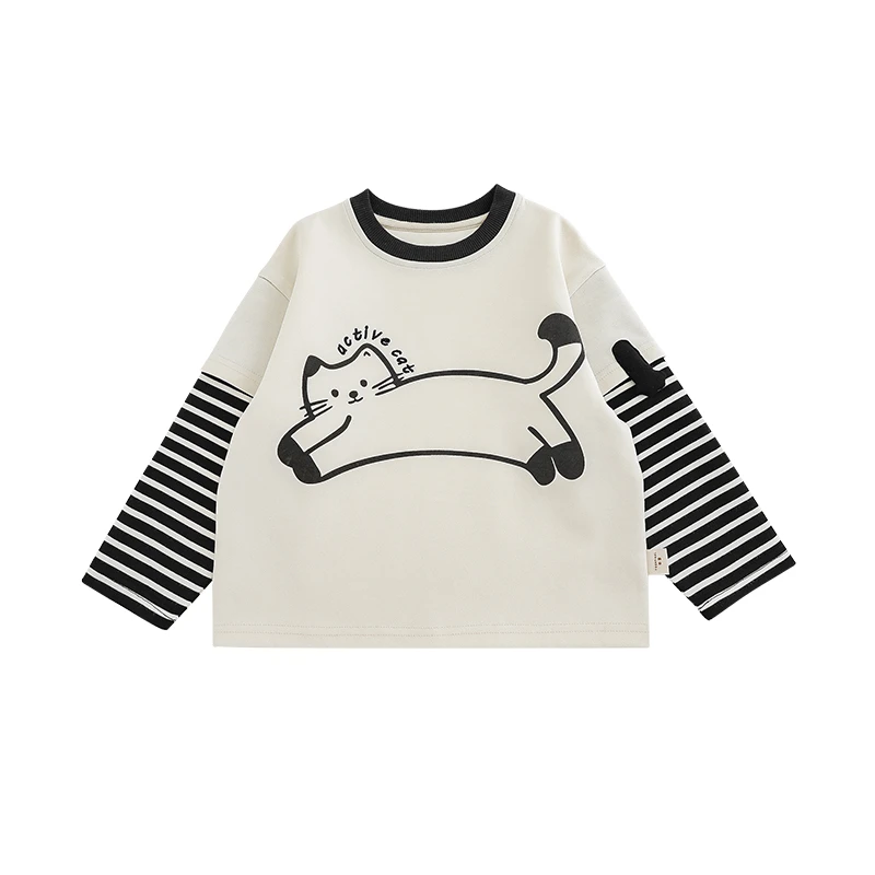 YOEHYAUL/幼悠【喵咪星人】儿童假两件条纹打底春季休闲童装N5371