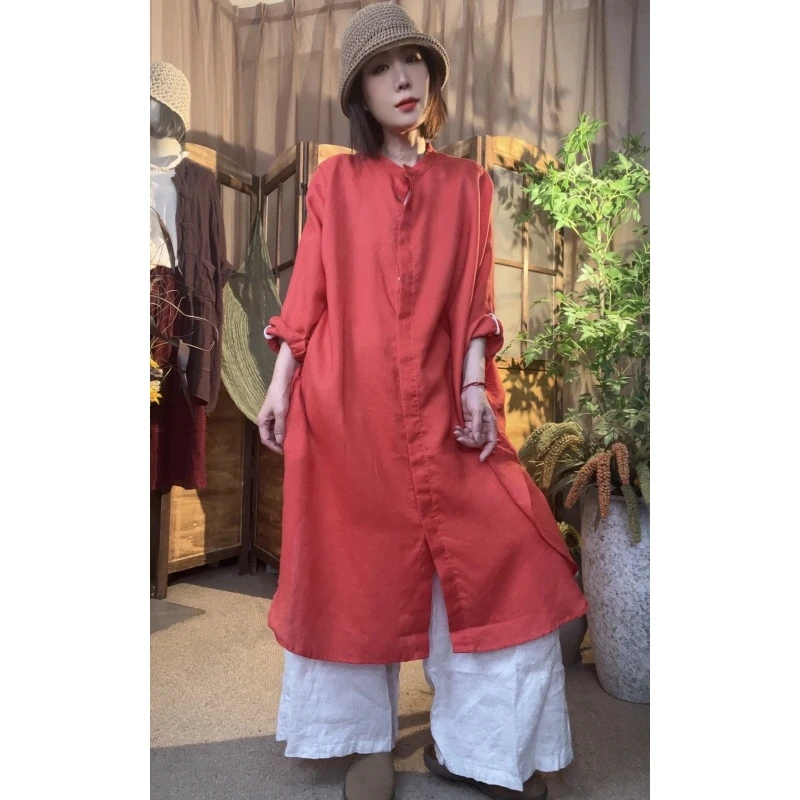 日系复古轻熟文艺宽松亚麻隐形扣连衣裙 （衣长101 胸围160）