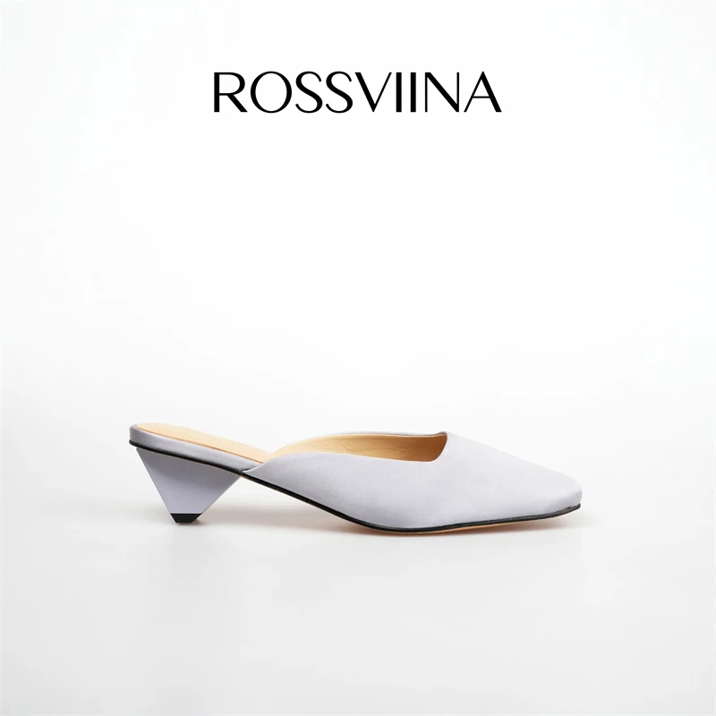 ROSSVIINA丝绸羊皮穆勒半拖三角跟