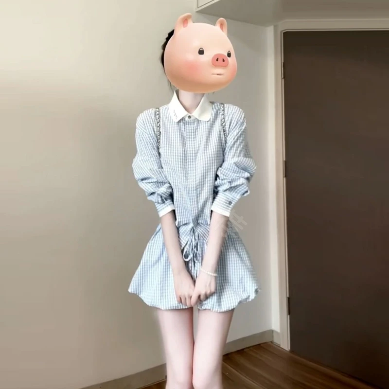 韩系学院风蓝格子衬衫连衣裙女2025新款早秋穿搭一整套花苞裙短裙