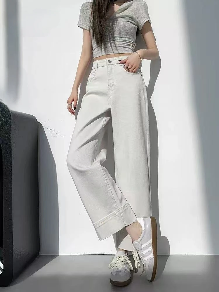 夏季新款大码90007款白色牛仔阔腿裤女宽松休闲裤高腰九分直筒裤