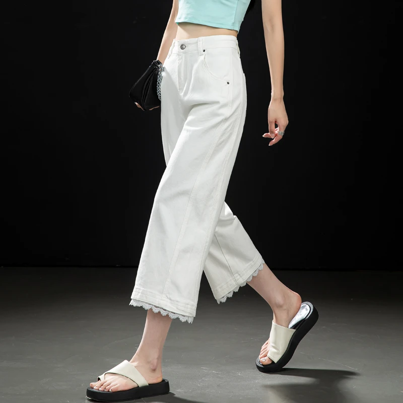 八分阔腿裤女款爆款2025新款夏季窄版直筒牛仔裤女蕾丝拼接白裤子