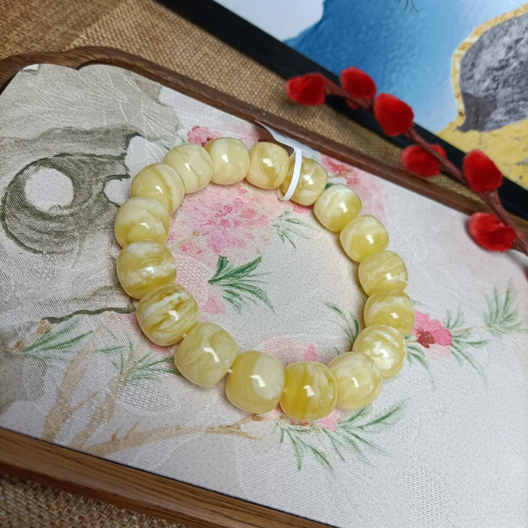 天然俄料蜜蜡白蜡精品老型手串~5238