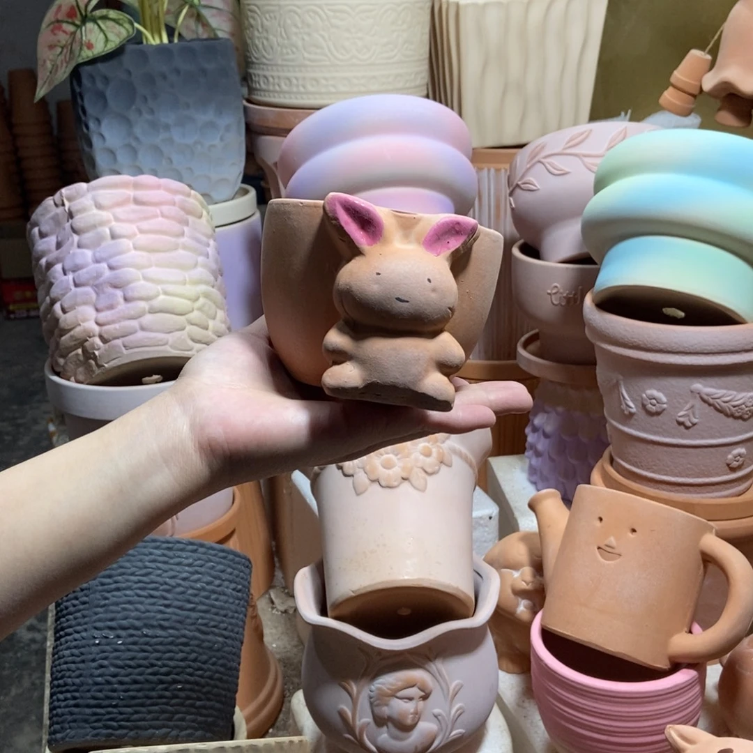 11×8手工彩绘小兔子盆 粗陶2个 一对