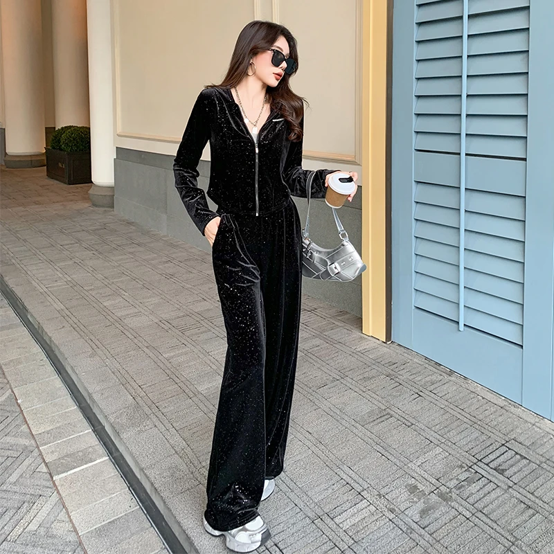 网红同款休闲运动套装女春高端黑色丝绒外套上衣垂感阔腿裤两件套
