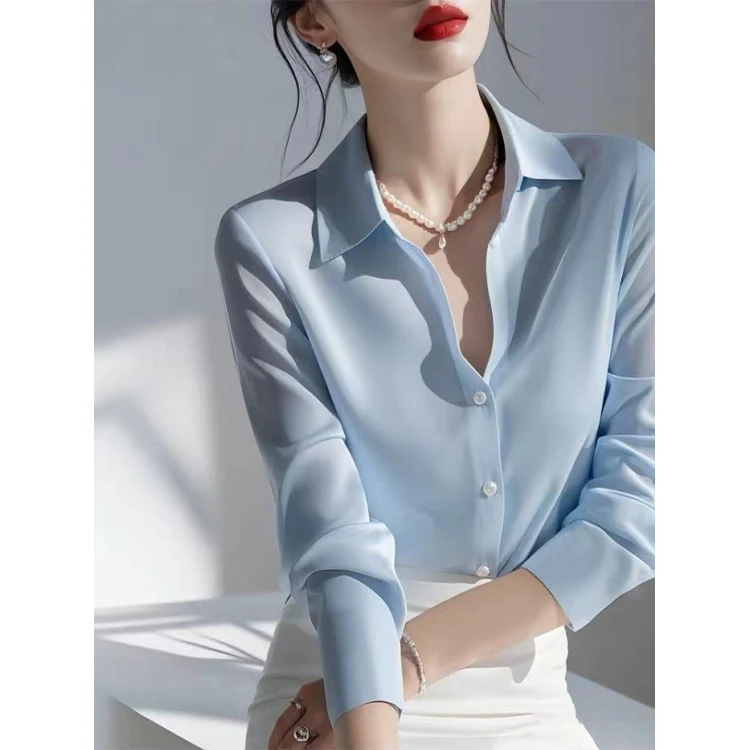 衬衣女2025春季新款法式气质上衣高级感轻奢减龄洋气蓝色长袖衬衫