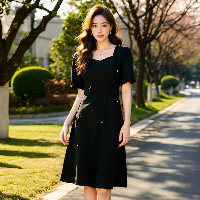 【奢姿】大码女装2025夏季时尚方领连衣裙胖妹妹气质蝴蝶结装饰裙子