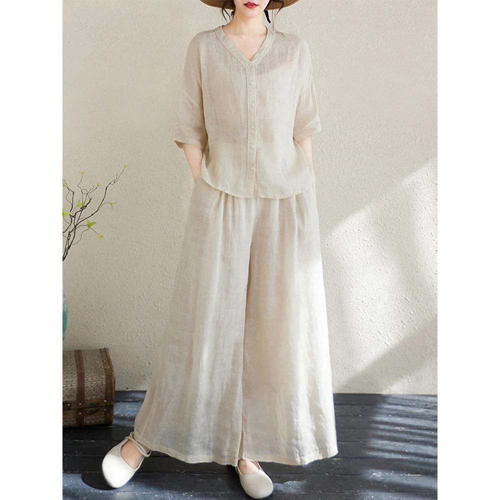 棉麻套装女春夏季新款妈妈洋气亚麻领衬衫中国风阔腿裤苎麻两件套