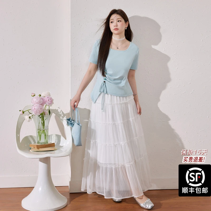 蓝语大码女装法式天丝棉百搭短袖T恤夏季新款掐腰遮肚子上衣12280