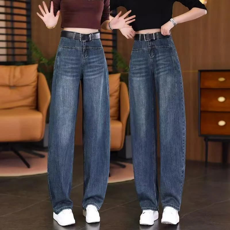 正品爆款复古风高腰弯刀加绒牛仔裤新款阔腿裤宽松显瘦百搭裤子