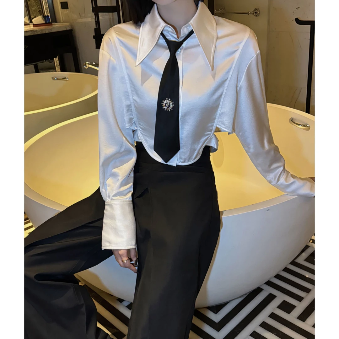 邓蕾婷【领带衬衣】法式气质白色长袖时尚百搭小众设计感领带衬衣