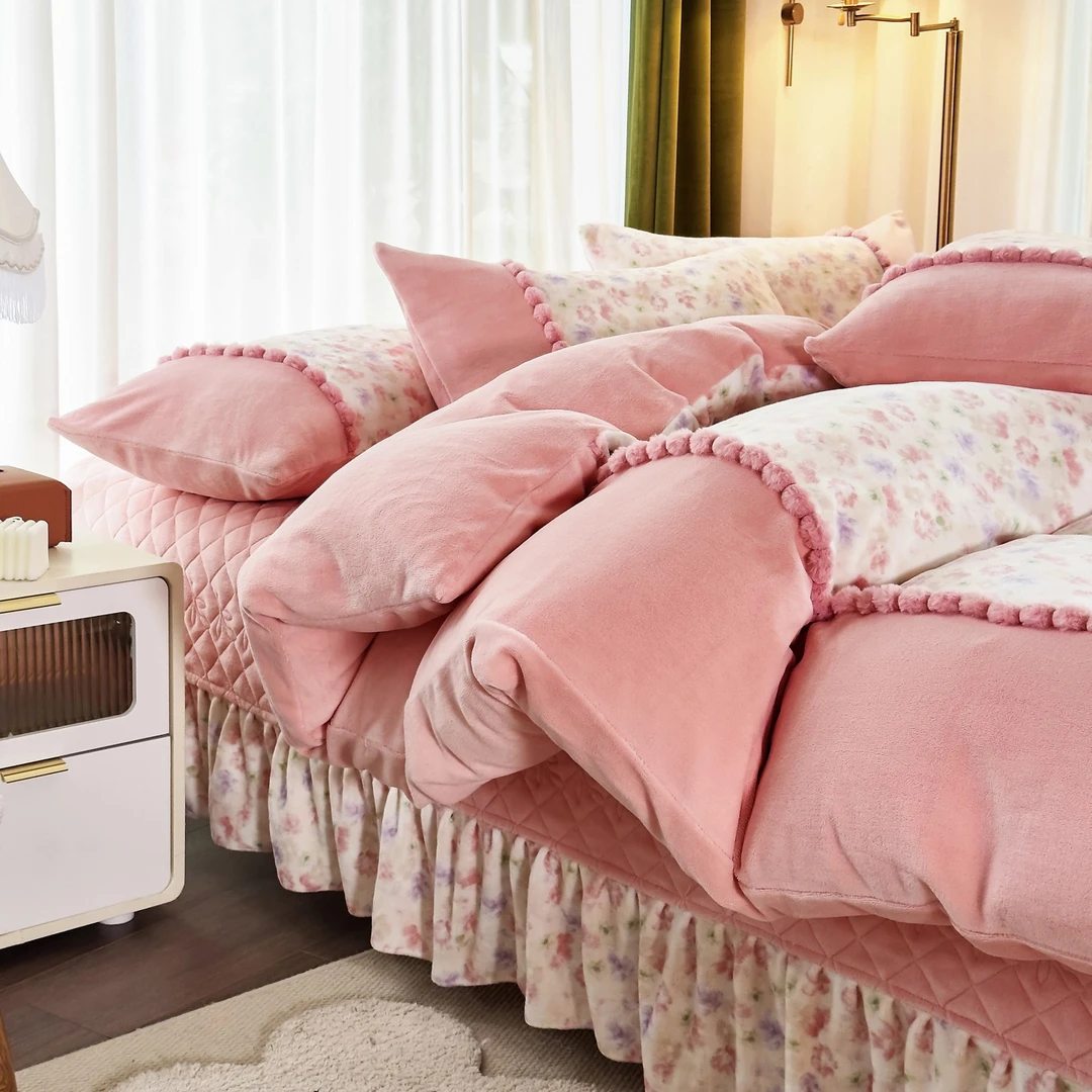秋冬加厚毛球款高克重牛奶绒四件套法式公主风拼色大床盖加绒被套