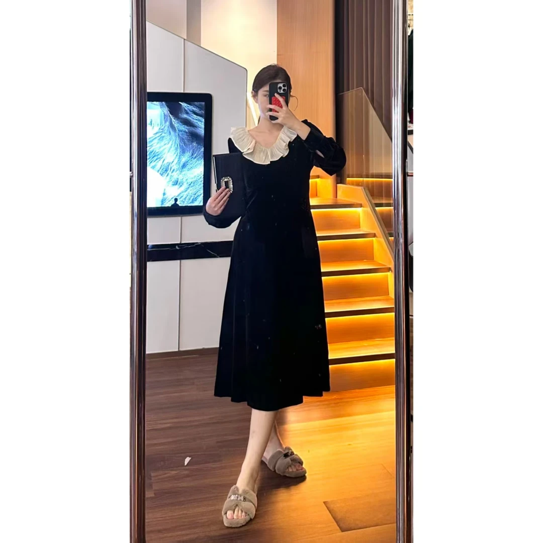 PANG DADA【车厘子】显瘦气质长袖丝绒时尚法式日常连衣裙WT769