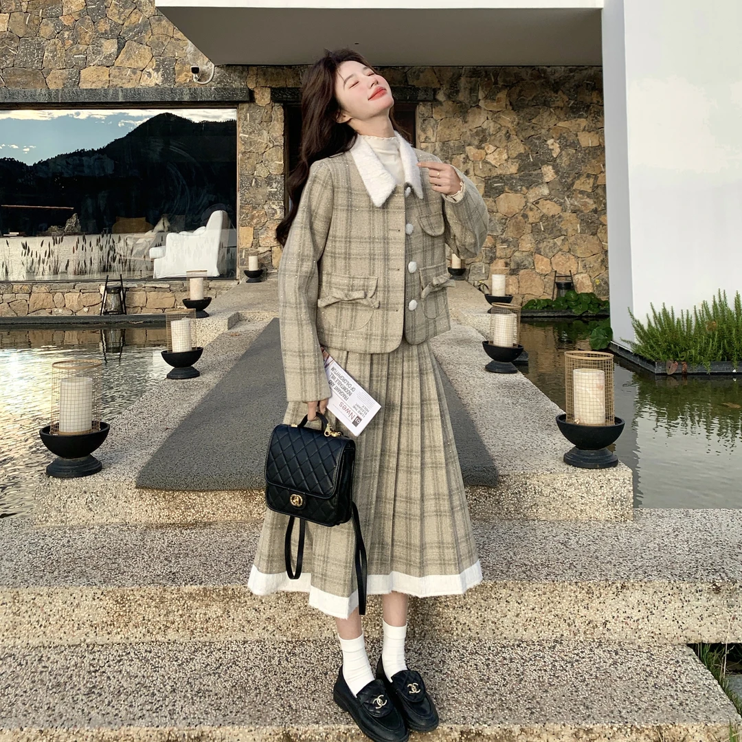 法式小香风夹棉格子毛呢套装女冬季2025新款复古学院风气质两件套