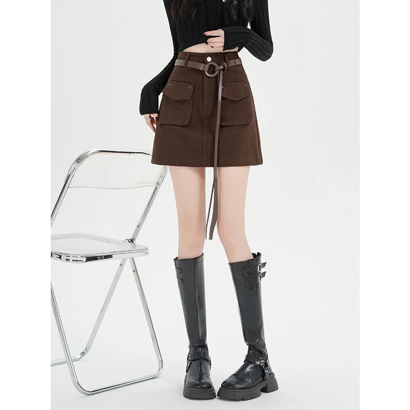 耶古咖啡色加厚工装短裙女秋冬季高腰防走光设计感口袋a字半身裙