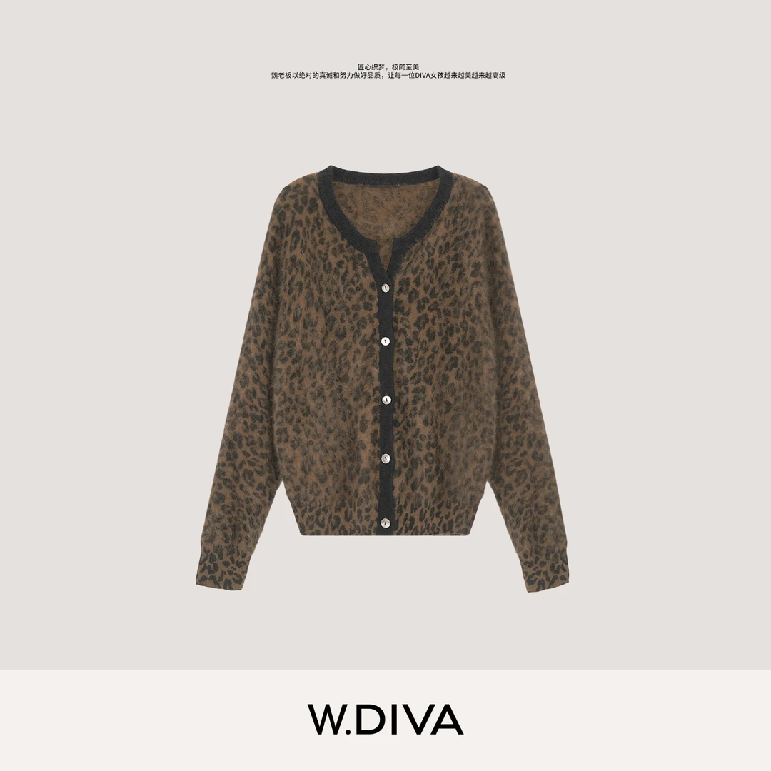 W.Diva【斑驳月光】100%山羊绒复古豹纹开衫老钱风松弛感53Z212497