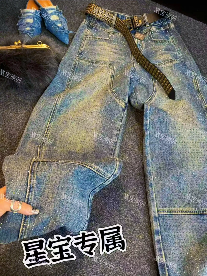 8903弯刀裤美式宽松满天星休闲百搭阔腿牛仔裤