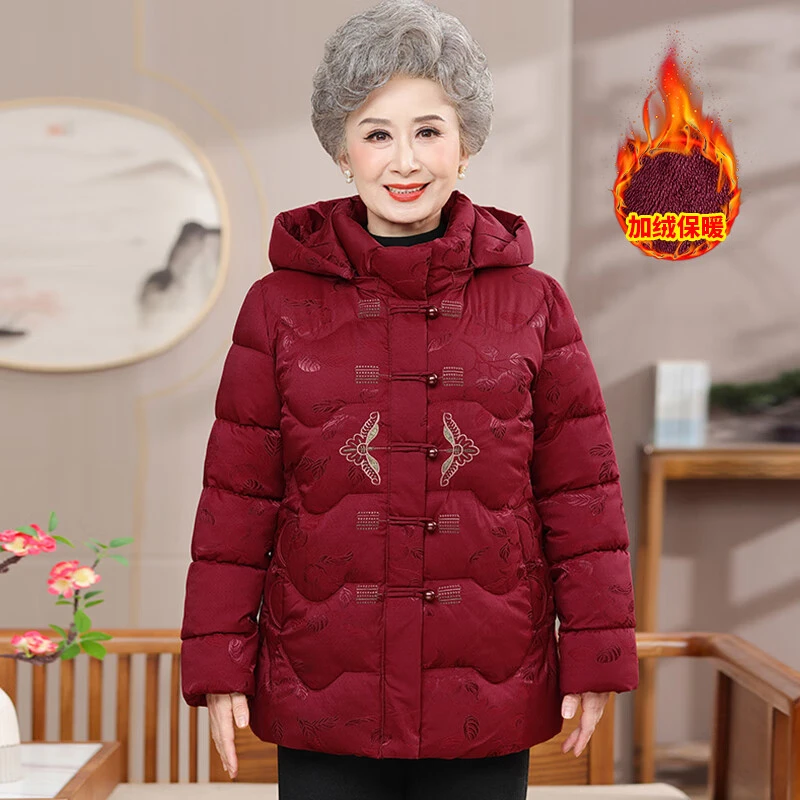 老年人棉袄妈妈装女奶奶冬装棉衣加绒加厚妈妈连帽棉服老人衣服
