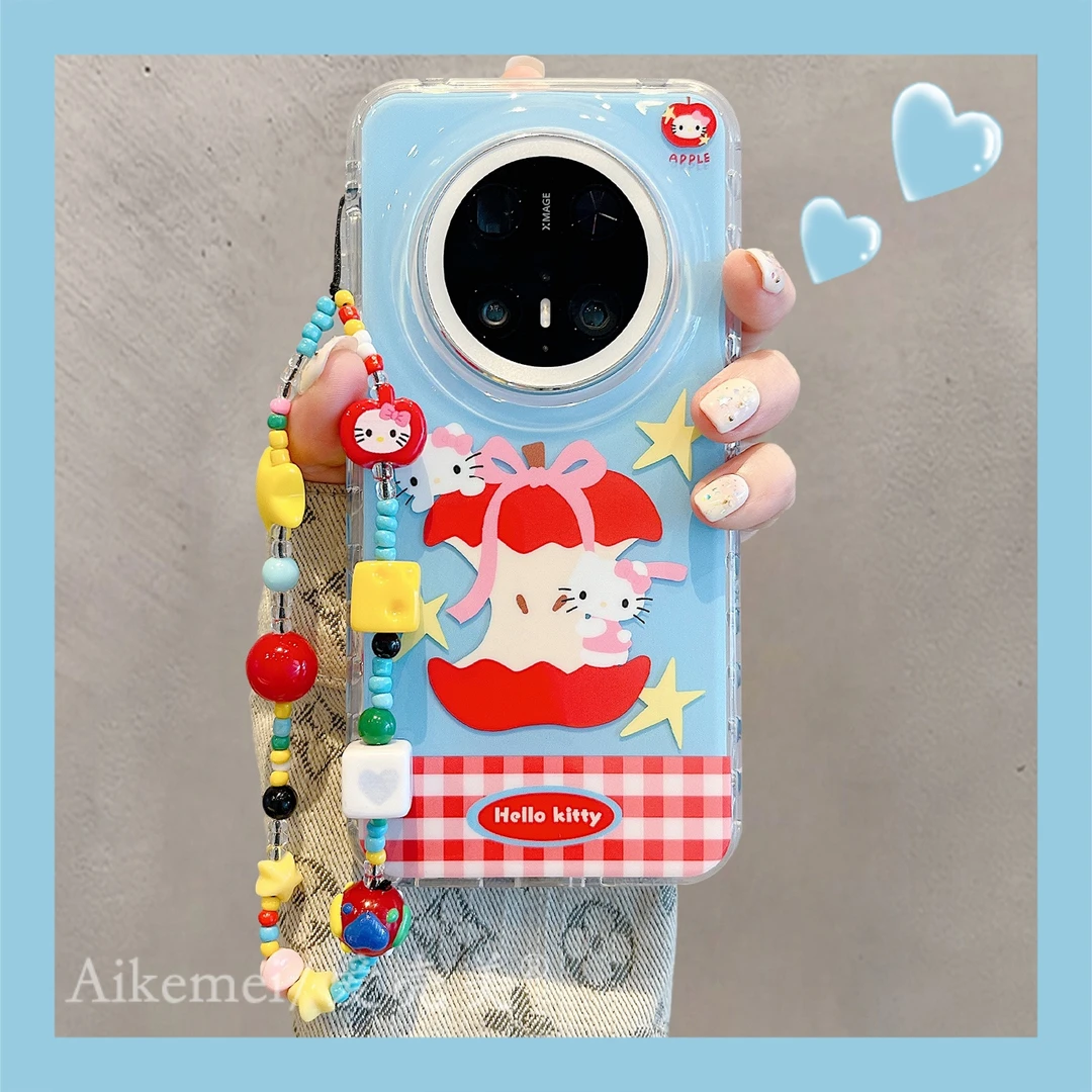 适用华为mate70pro+手机壳可爱卡通Mate60pro+蓝红苹果核kt猫链条