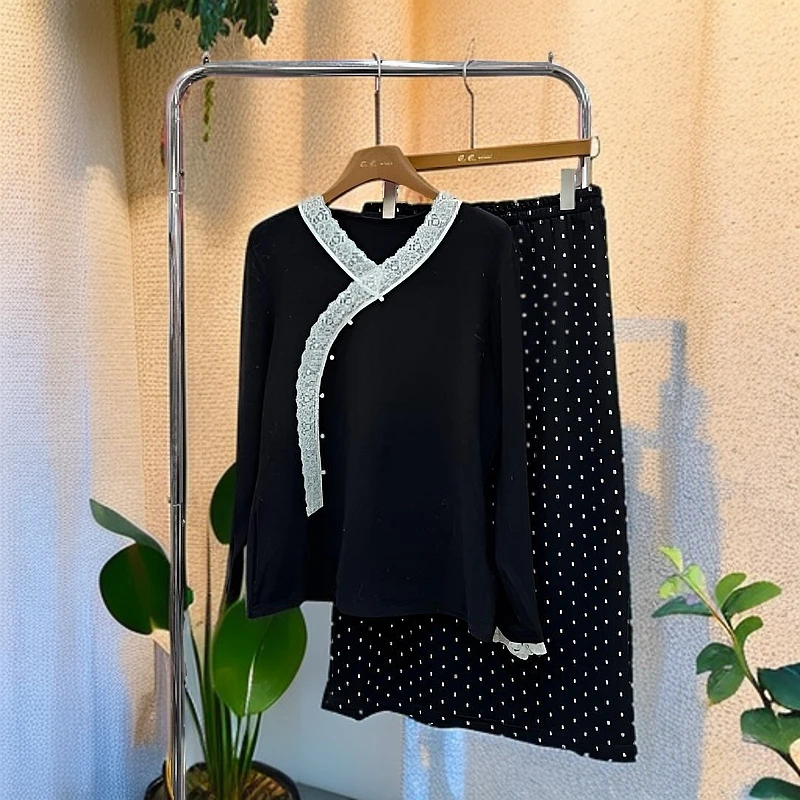 妮妮家9013新中式蕾丝花边拼接淑女针织打底衫