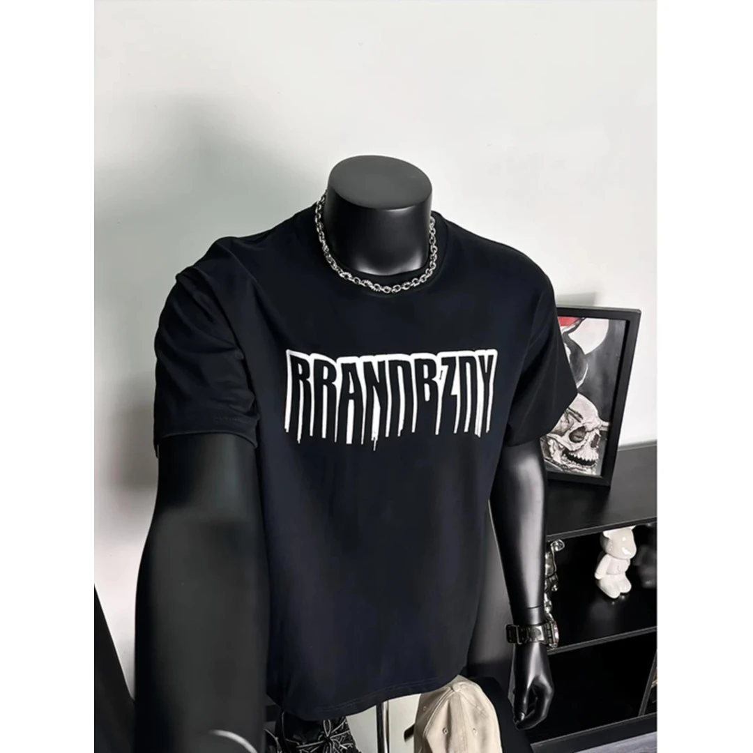 特大码300斤美式高街潮流黑色圆领t恤男宽松春夏半袖字母印花短袖