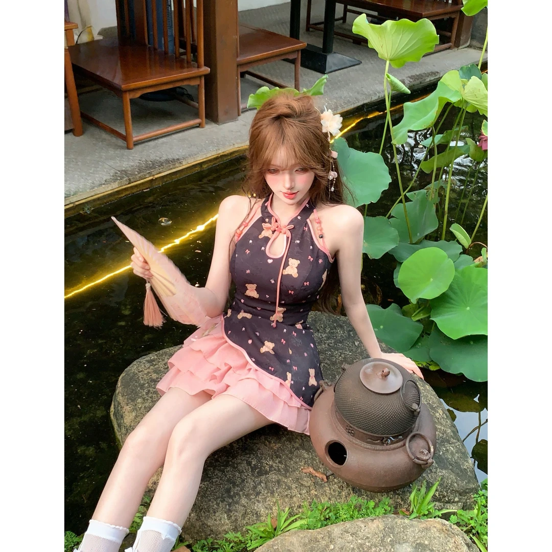 瑞茜·威瑟斯 萌熊出墨 夏季国风新中式小众设计上衣半裙R9249D