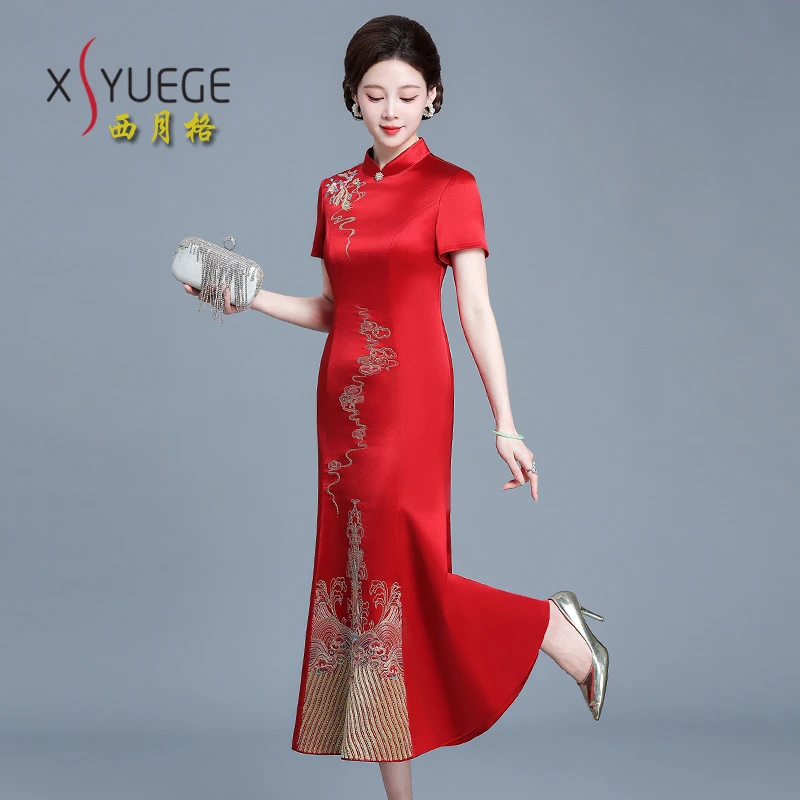 喜婆婆礼服2025新款结婚妈妈装新中式婚宴装高端醋酸中长款连衣裙