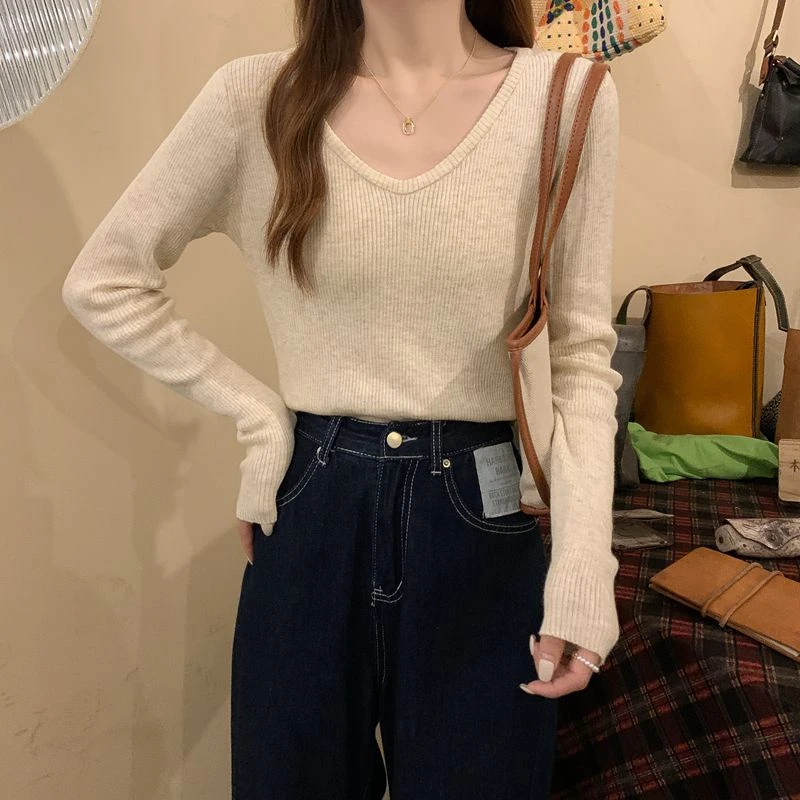 针织打底衫女2025秋冬新款韩版内搭V领套头学院风长袖上衣潮牌ins