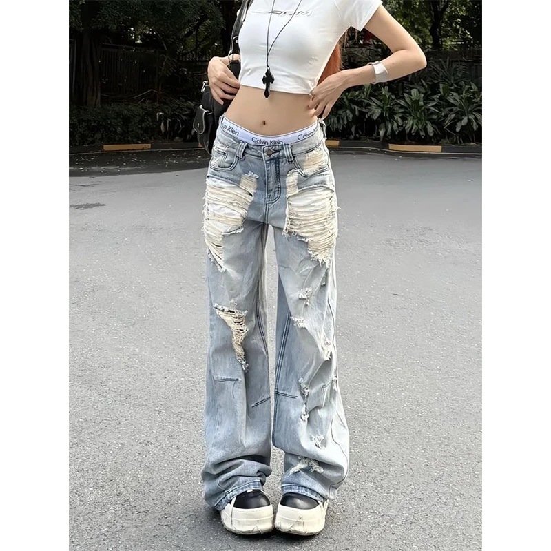 设计感水洗低腰破洞牛仔裤女夏季新款休闲宽松做旧百搭阔腿拖地裤
