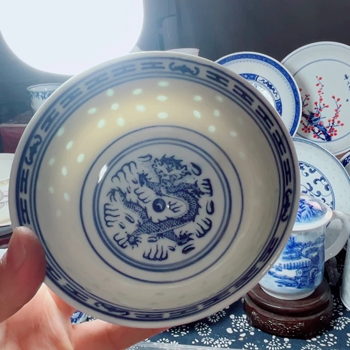 青花玲珑5寸饭碗龙纹