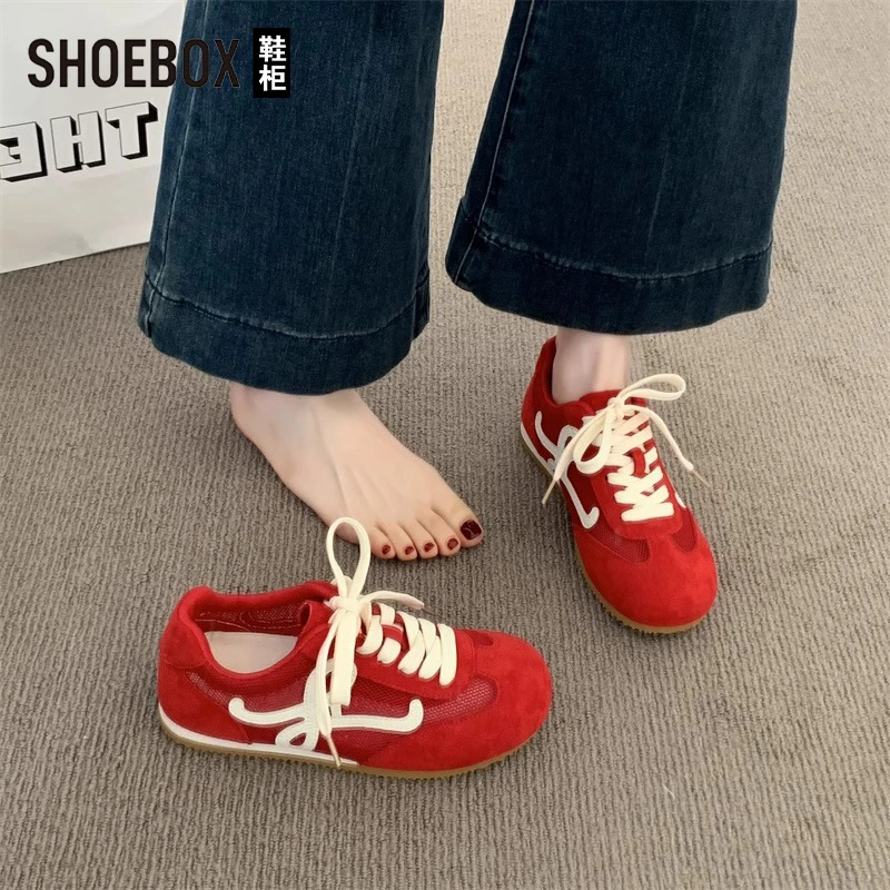 SHOEBOX鞋柜复古红色德训鞋女2025新款夏季网面透气休闲阿甘鞋女