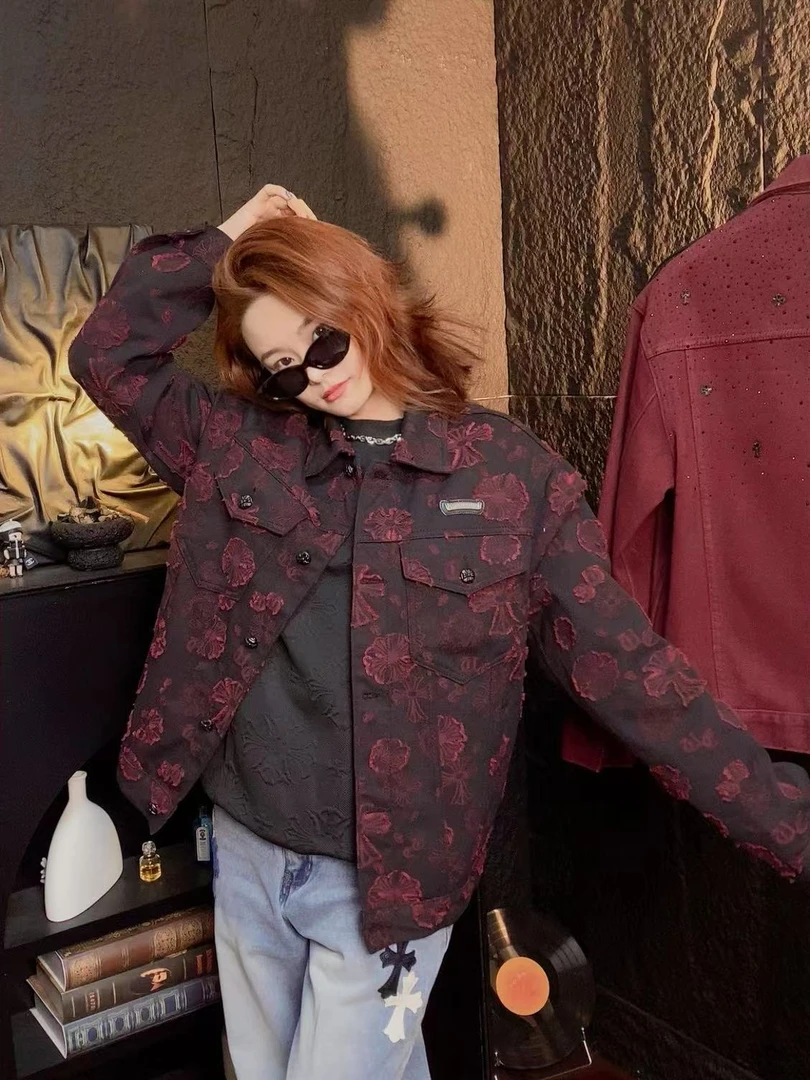【1+】现货2025春季春节蛇年限定新款重工红色烧花轻奢牛仔外套1067