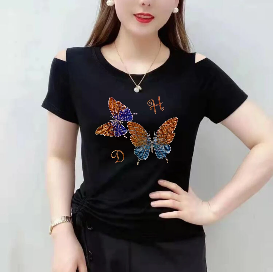 新款夏装大码女装纯棉短袖t恤女圆领修身绑带韩版体恤洋气上衣