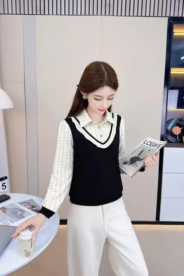 秋季新款假两件荷叶花边长袖女士衬衫2025百搭洋气时尚减龄小衫