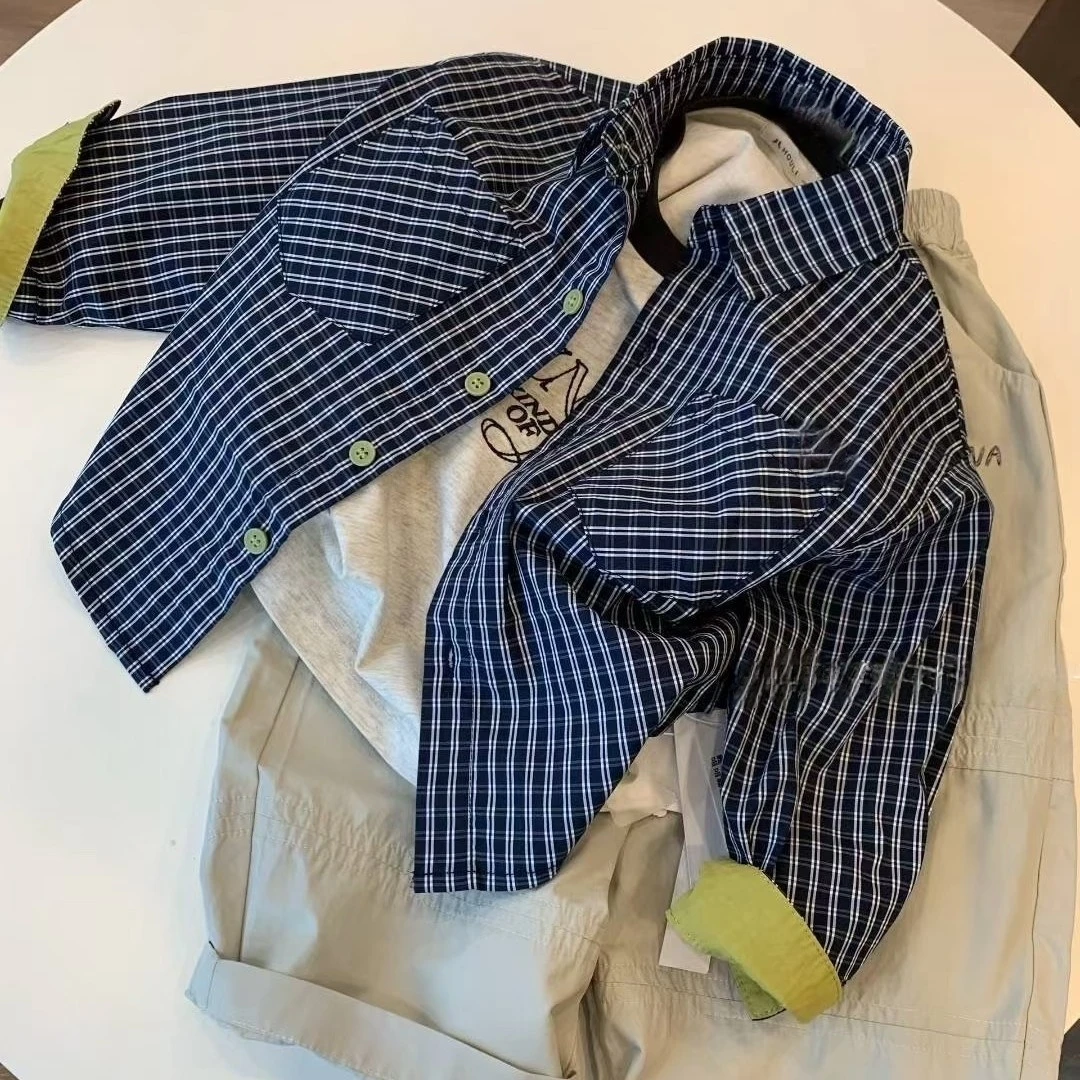 男童春秋长袖格子衬衫痞帅风休闲外套经典翻领上衣