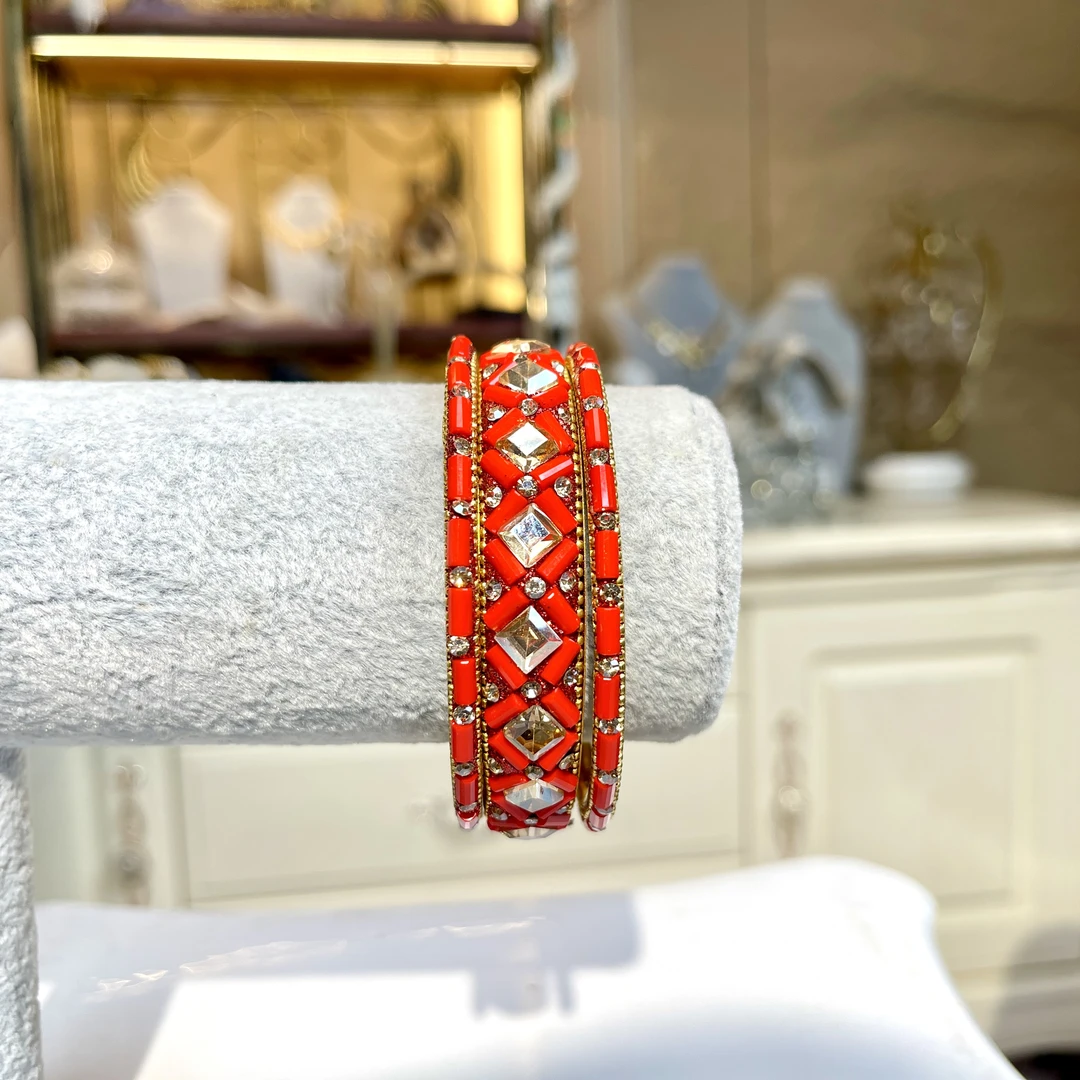 铜合金玻璃手镯 【02746】印度不可开口印巴套镯红色轻奢重工