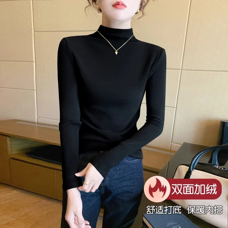 HTKD黑色加绒加厚半高领打底衫女保暖内搭秋冬季新款双面德绒长袖
