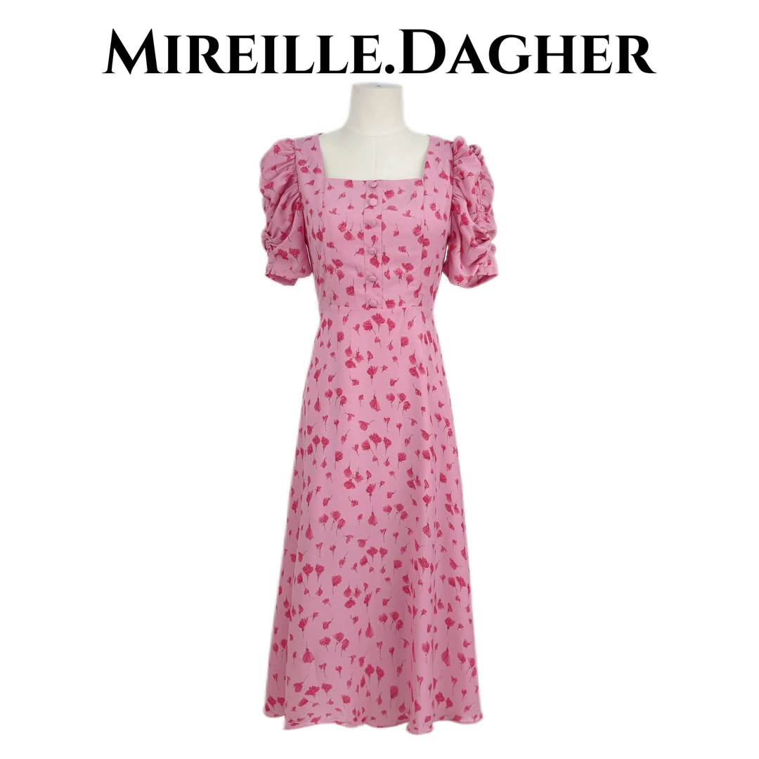 米莱Jiaer/夏季时尚方领粉色微泡泡袖碎花减龄连衣裙28002