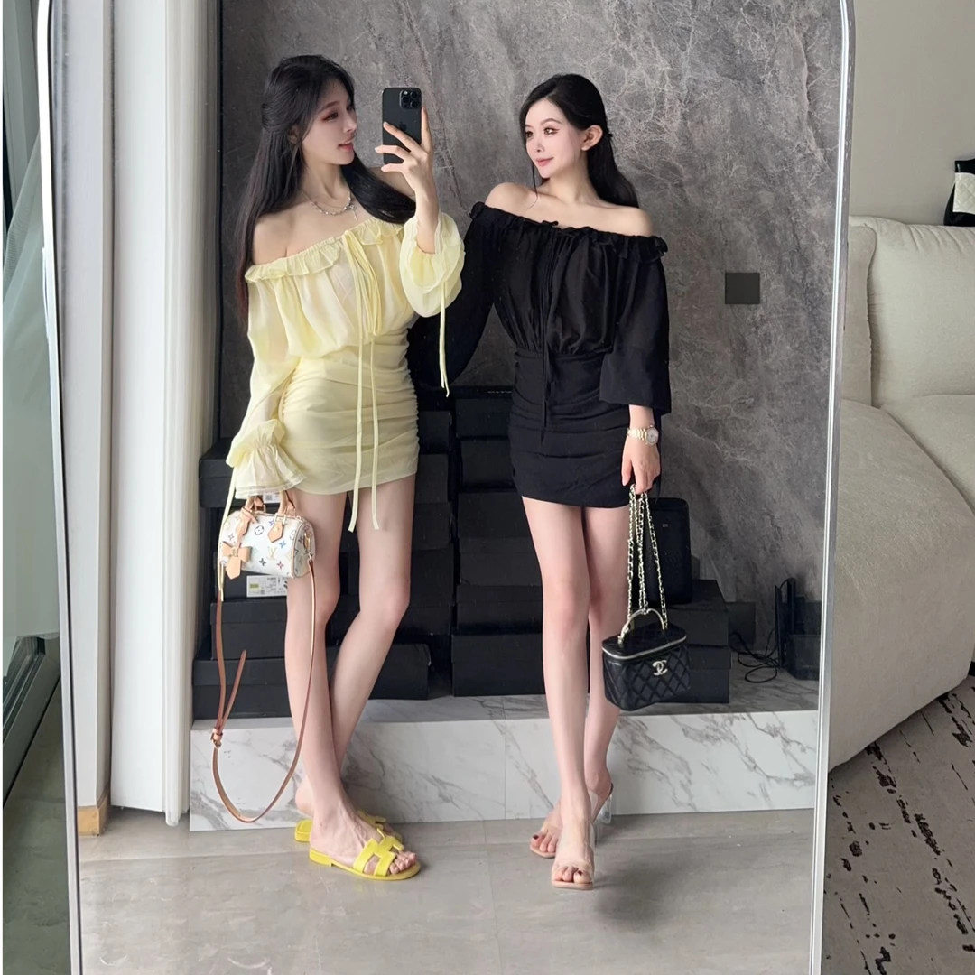 【雪羽轻纱】收腰荷叶边一字肩连衣裙