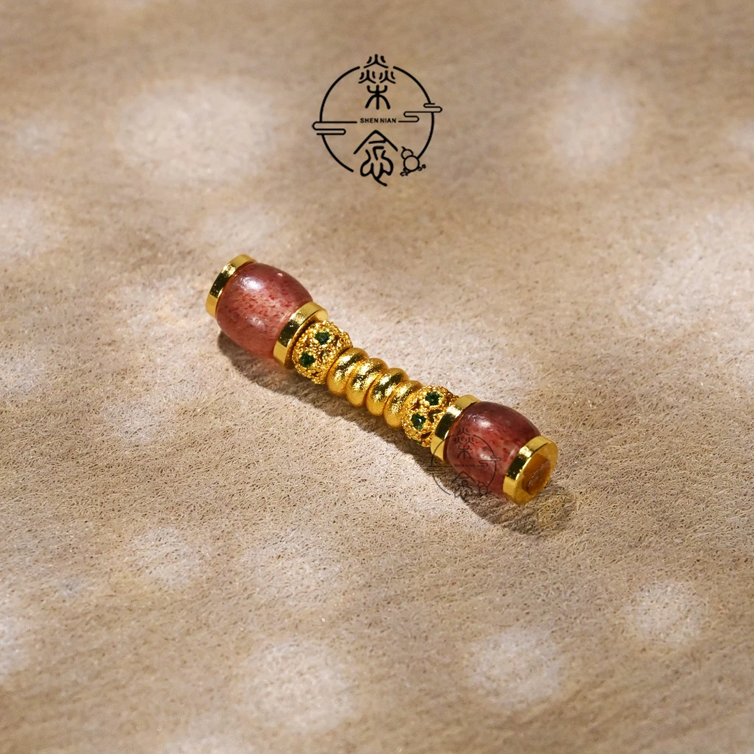 6MM粉草莓水晶镀金镶嵌万向能轴文玩手串DIY配饰三通连接器配件