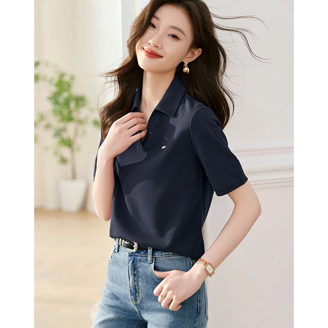 沫晗依美2025夏新款正肩休闲气质POLO领休闲短袖T恤9402