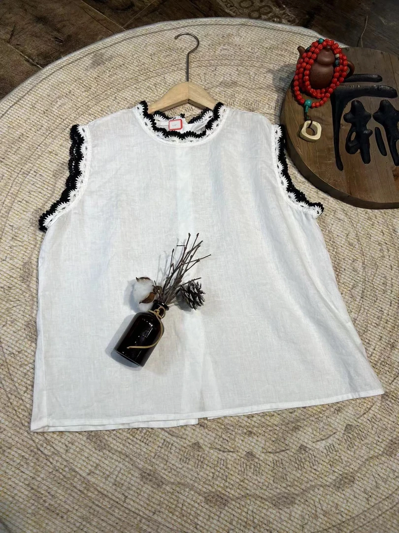 A890 复古撞色木耳边圆领无袖 背心衬衫夏季新款女T恤