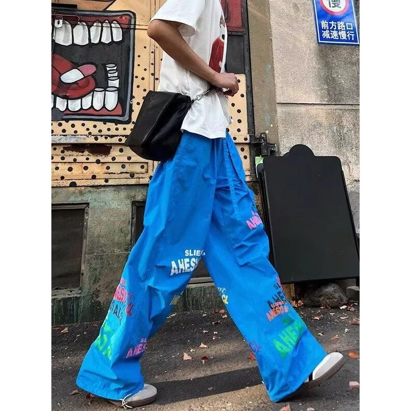 蓝色字母印花撞色宽松休闲裤女夏季薄款多巴胺穿搭减龄速干伞兵裤