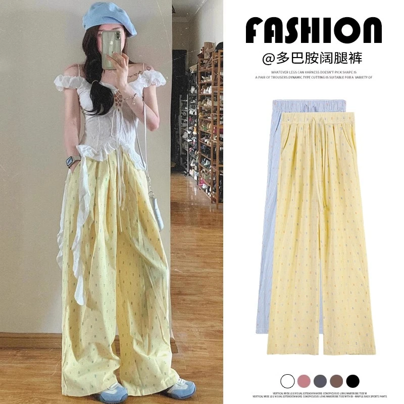 黄色慵懒风波点阔腿裤女春2025新款小个子休闲山本高腰冰丝遛弯裤
