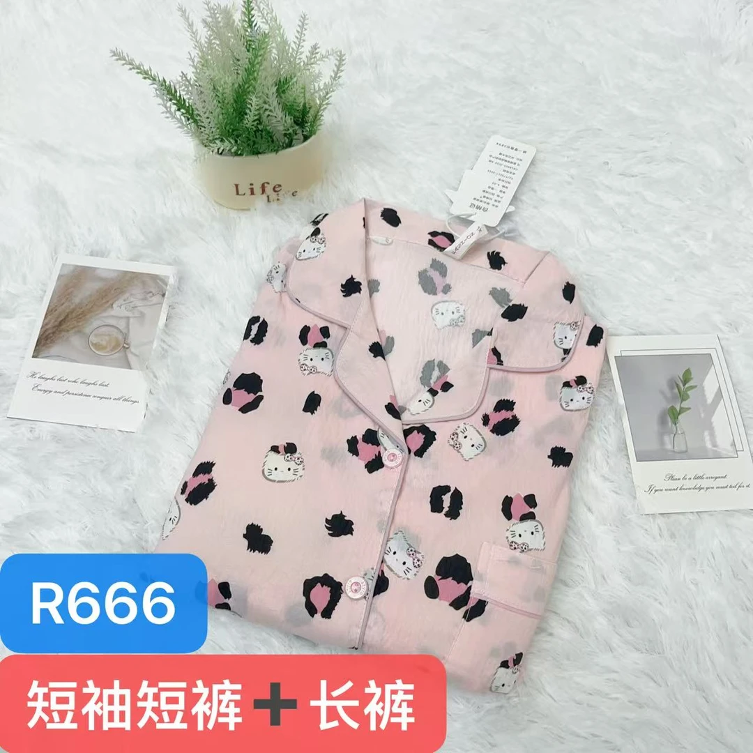 R666夏季粉色小猫短袖+短裤+长裤三件套家居服带胸垫